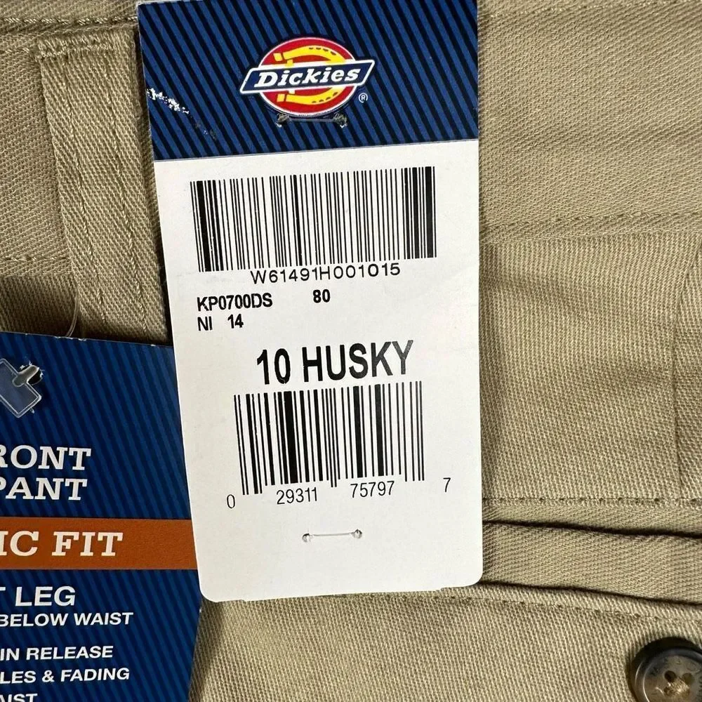 Dickies Boys Classic Fit Pants Straight Leg Flat Front Desert Tan 10 Husky NWT